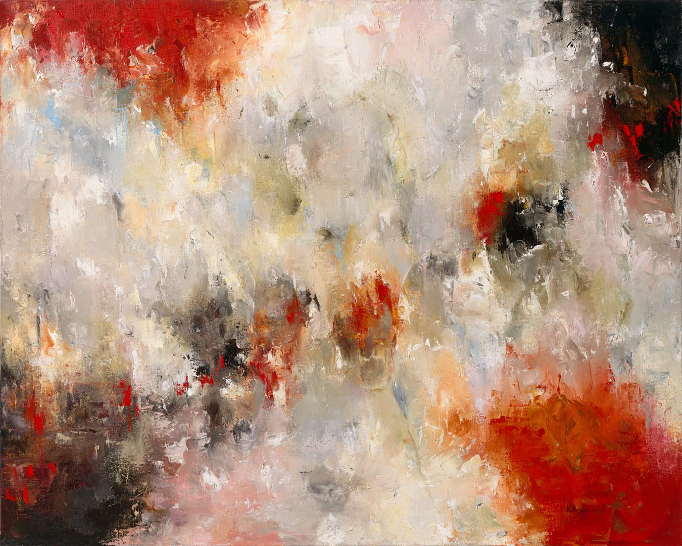Pegasus: a pale, heavily worked ground broken by scarlet at the upper left and a mass of orange and red at the lower right, with darkness held in the corners.